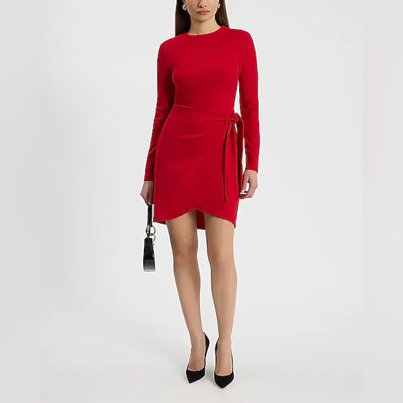 Express Dresses & Skirts - Express Crepe Crew Neck Long Sleeve Tie Wrap Mini Sheath Dress